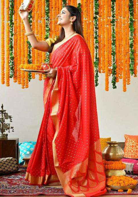 Red Color Uppada Silk Saree With Zari Booties And Heavy Pallu With Traditional Woven Design For Women