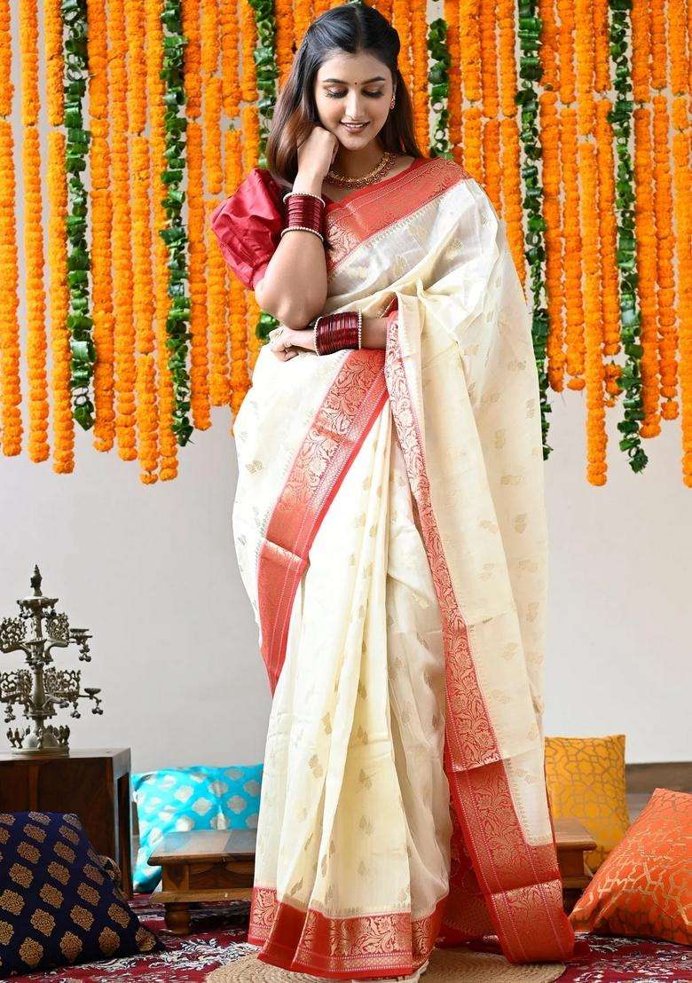 Ivory Pure Maheshwari Silk Cotton Saree With Red Pallu And Borders With Traditional Woven Design For Women - Indya