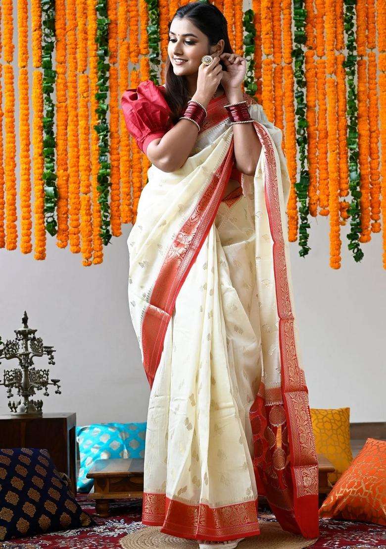 Ivory Pure Maheshwari Silk Cotton Saree With Red Pallu And Borders With Traditional Woven Design For Women - Indya