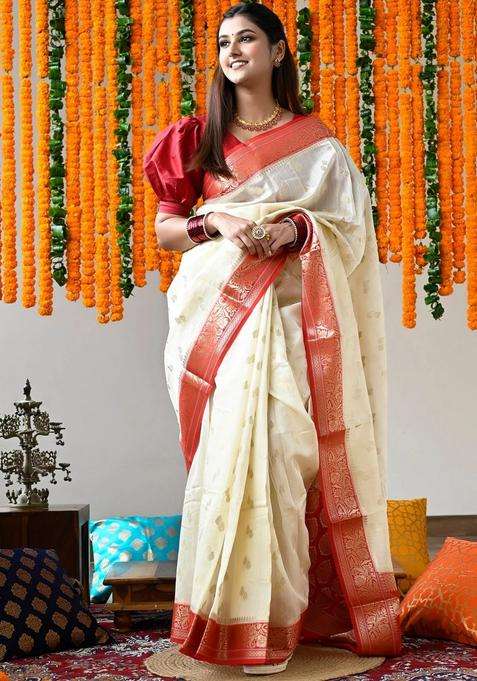 Ivory Pure Maheshwari Silk Cotton Saree With Red Pallu And Borders With Traditional Woven Design For Women