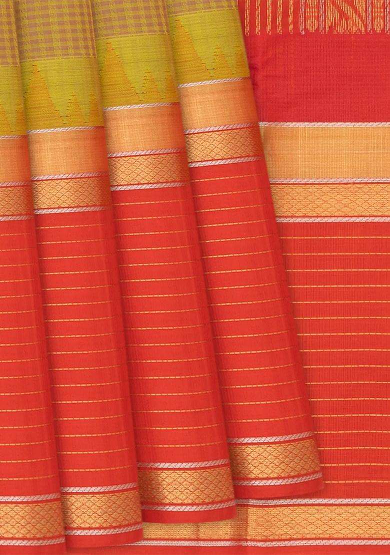 Beige Handloom Chirala Silk Cotton Saree With Checks Beige With Checks And Stripes Design For Women - Indya