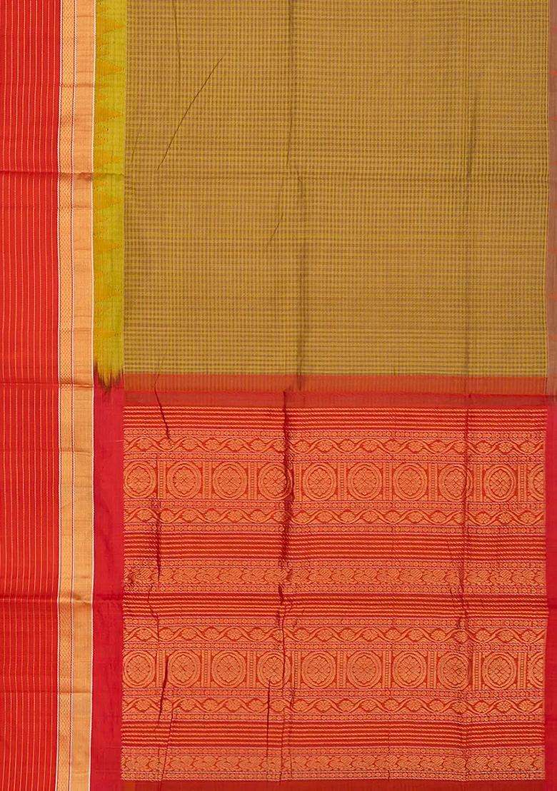 Beige Handloom Chirala Silk Cotton Saree With Checks Beige With Checks And Stripes Design For Women - Indya