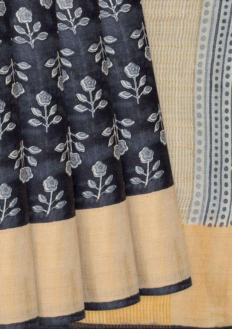 Black Handloom Tussar Silk Saree With Printed Floral Motifs Black For Women - Indya