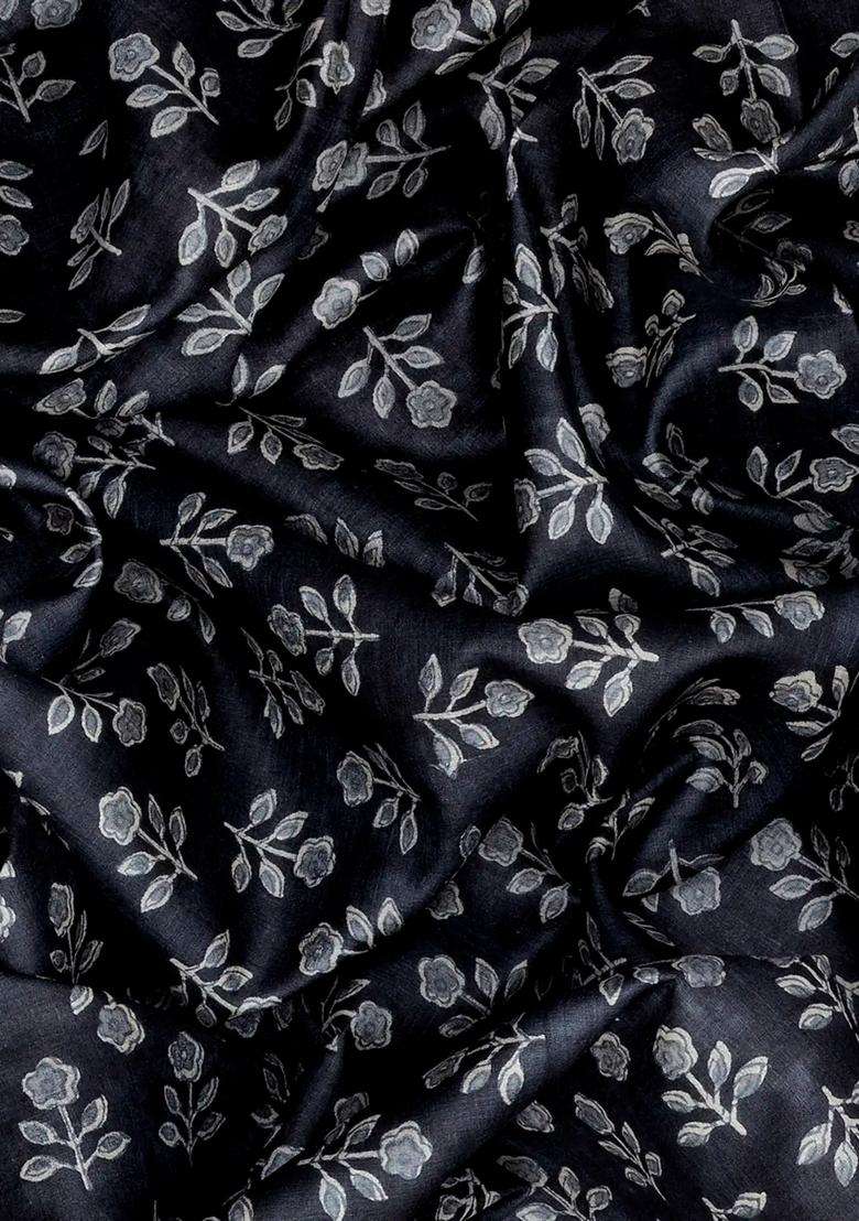 Black Handloom Tussar Silk Saree With Printed Floral Motifs Black For Women - Indya