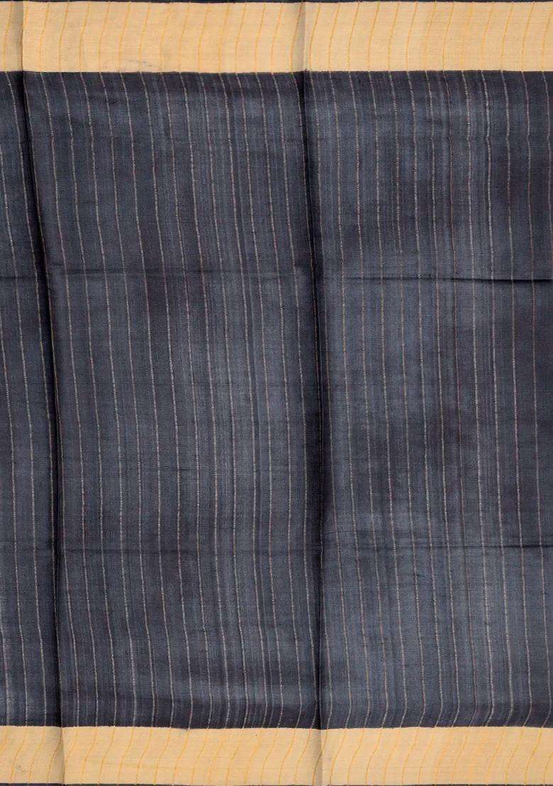 Black Handloom Tussar Silk Saree With Printed Floral Motifs Black For Women - Indya