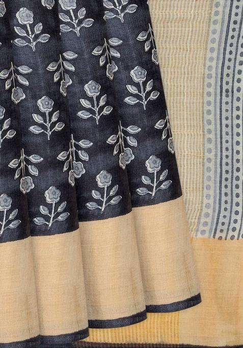 Black Handloom Tussar Silk Saree With Printed Floral Motifs Black For Women