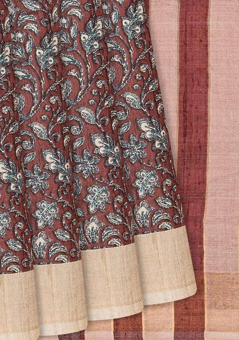 Brown Handloom Tussar Silk Saree With Printed Floral Motifs Brown For Women - Indya