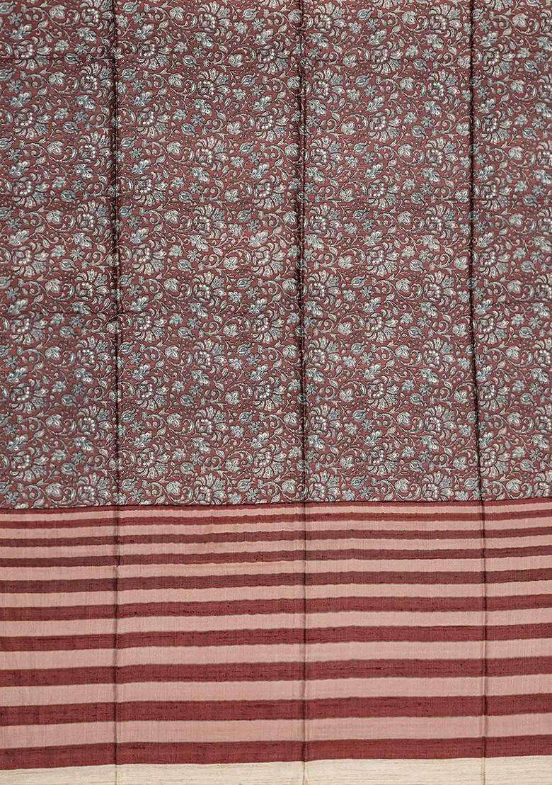 Brown Handloom Tussar Silk Saree With Printed Floral Motifs Brown For Women - Indya