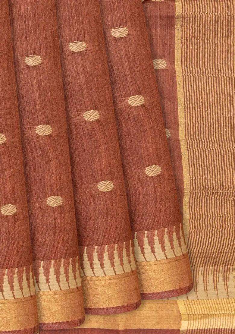Brown Woven Tussar Silk Saree With Rudraksham Motifs Brown With Buttas And Brocade Design For Women - Indya