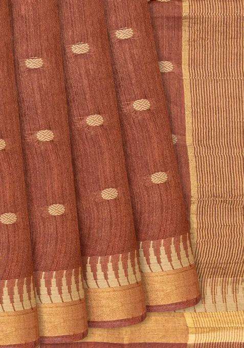 Brown Woven Tussar Silk Saree With Rudraksham Motifs Brown With Buttas And Brocade Design For Women