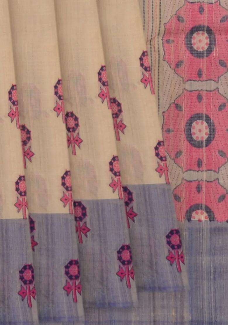 Cream Handwoven Tussar Silk Saree With Printed Design For Women - Indya