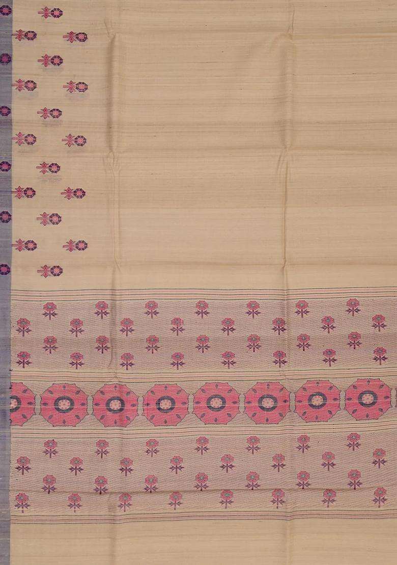 Cream Handwoven Tussar Silk Saree With Printed Design For Women - Indya