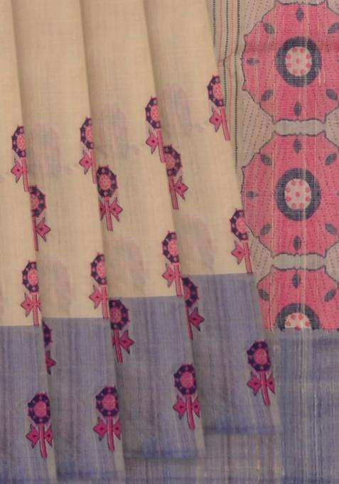 Cream Handwoven Tussar Silk Saree With Printed Design For Women
