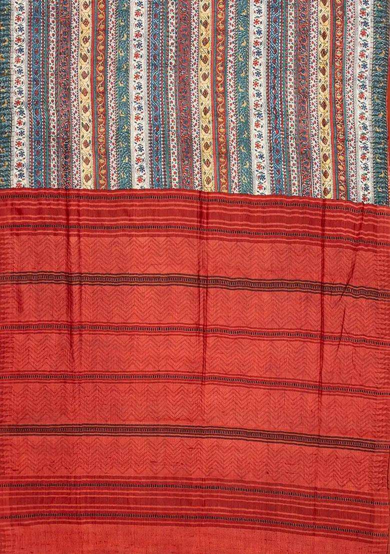 Crimson Handloom Tussar Silk Saree With Printed Floral Motifs Crimson For Women - Indya