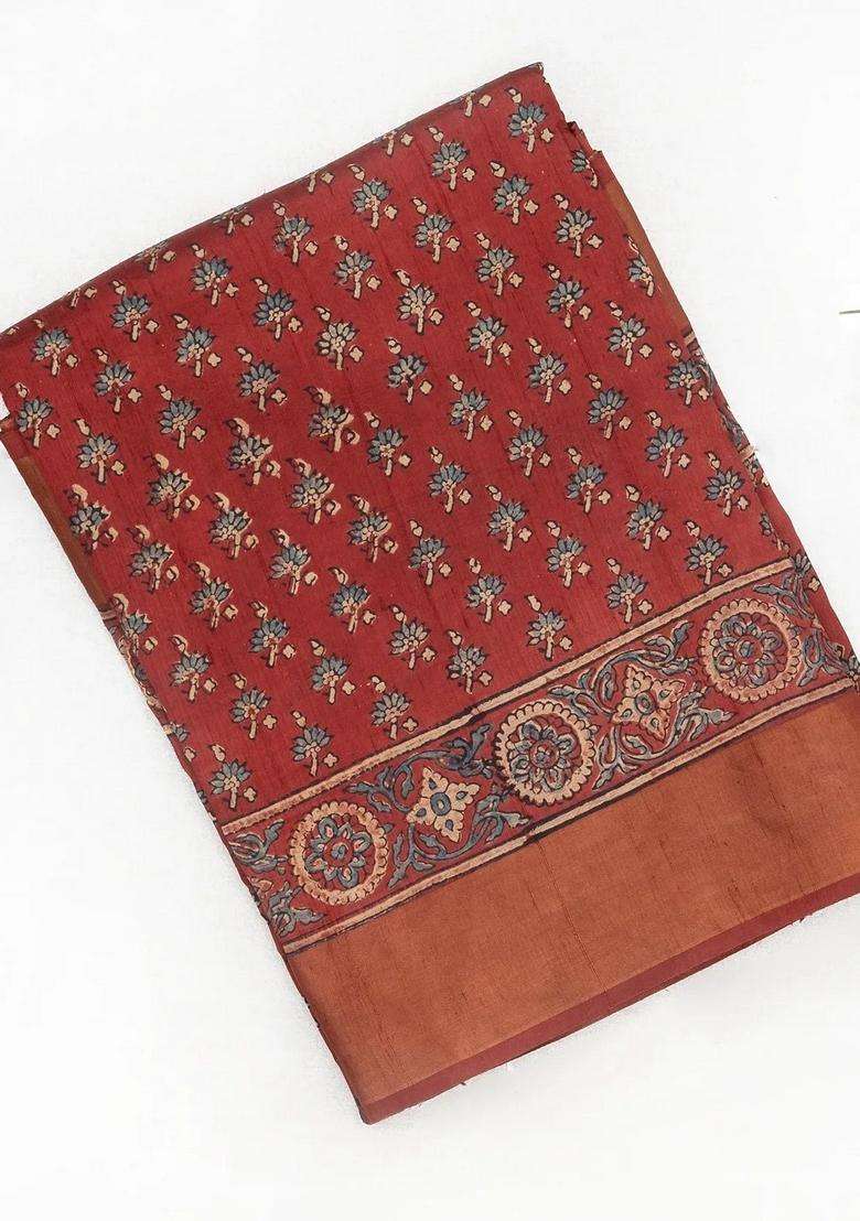 Crimson Handloom Tussar Silk Saree With Printed Floral Motifs Crimson For Women - Indya