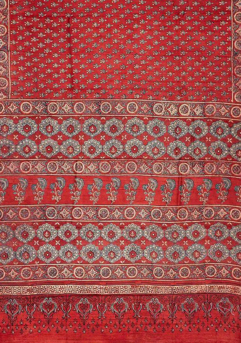 Crimson Handloom Tussar Silk Saree With Printed Floral Motifs Crimson For Women - Indya