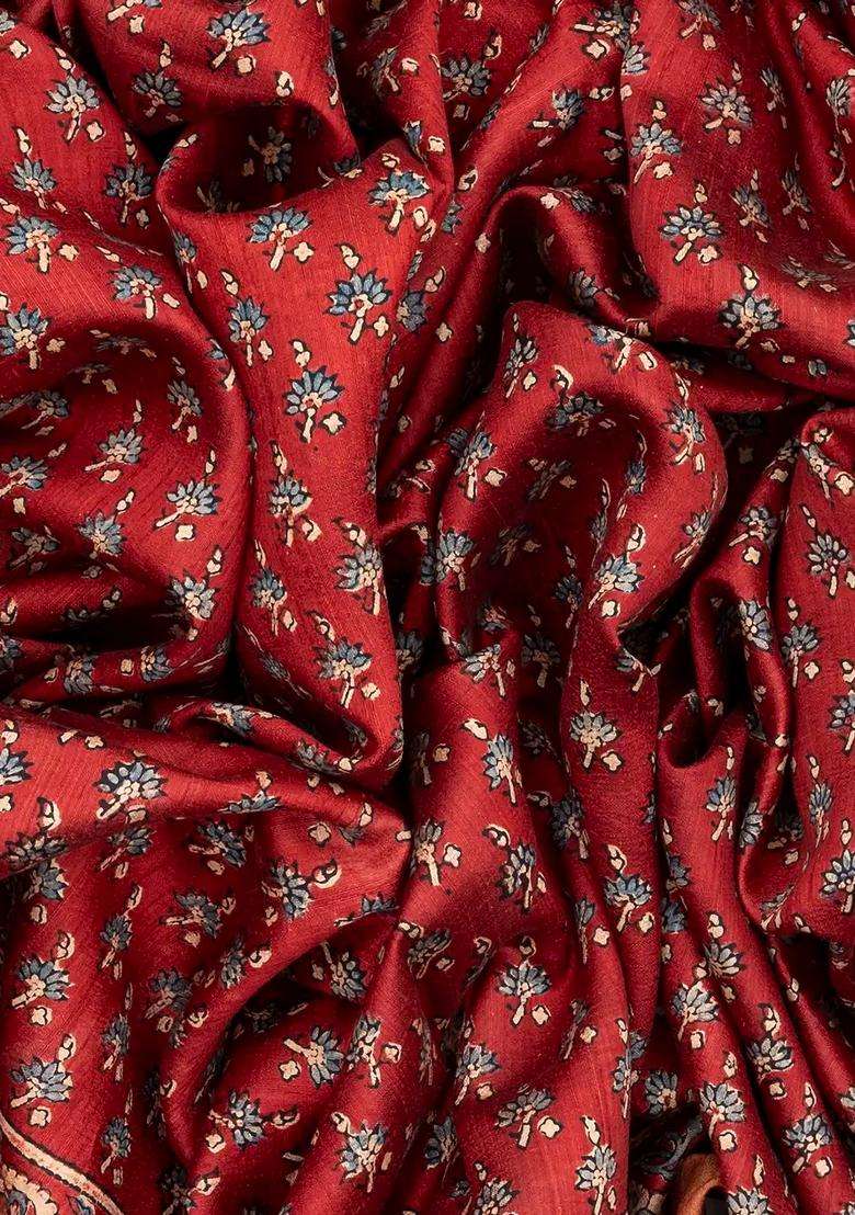 Crimson Handloom Tussar Silk Saree With Printed Floral Motifs Crimson For Women - Indya