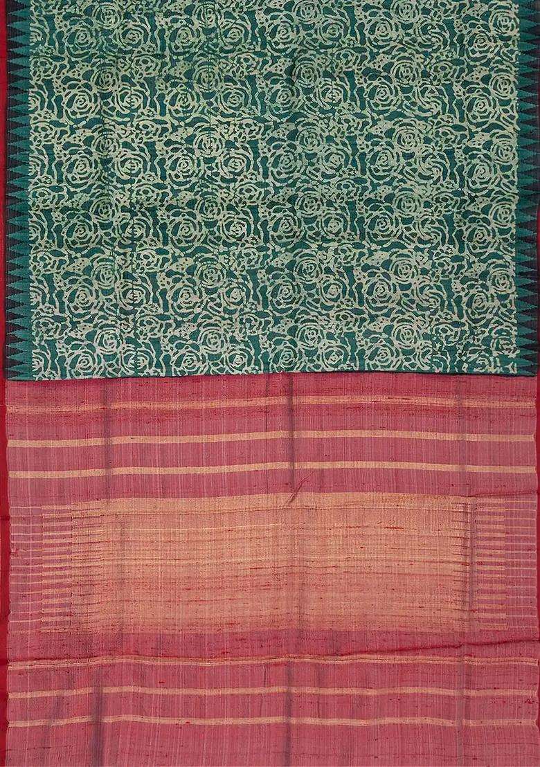Green Handloom Printed Tussar Silk Saree With Floral Motifs Green For Women - Indya