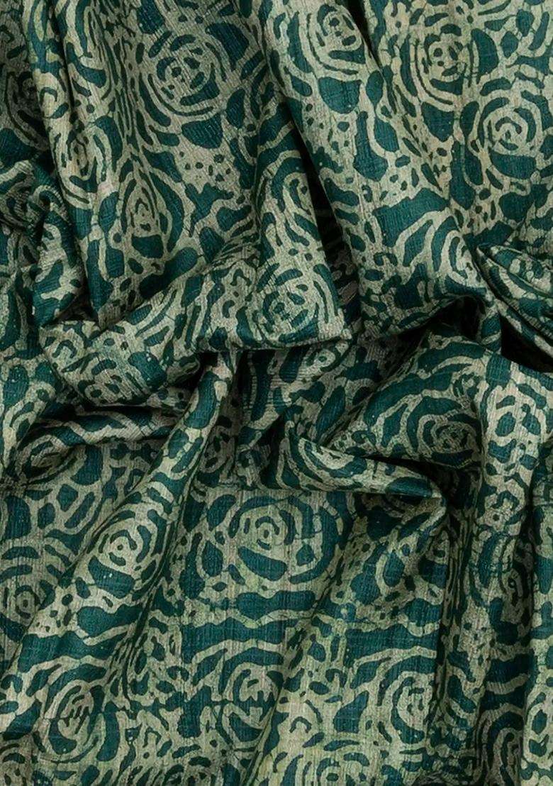 Green Handloom Printed Tussar Silk Saree With Floral Motifs Green For Women - Indya
