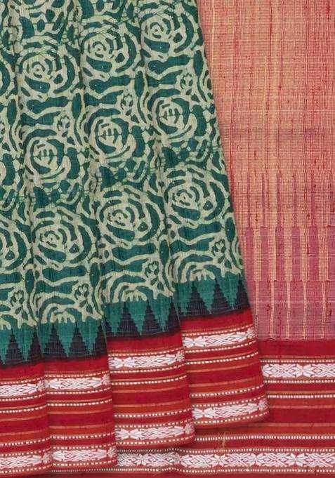 Green Handloom Printed Tussar Silk Saree With Floral Motifs Green For Women