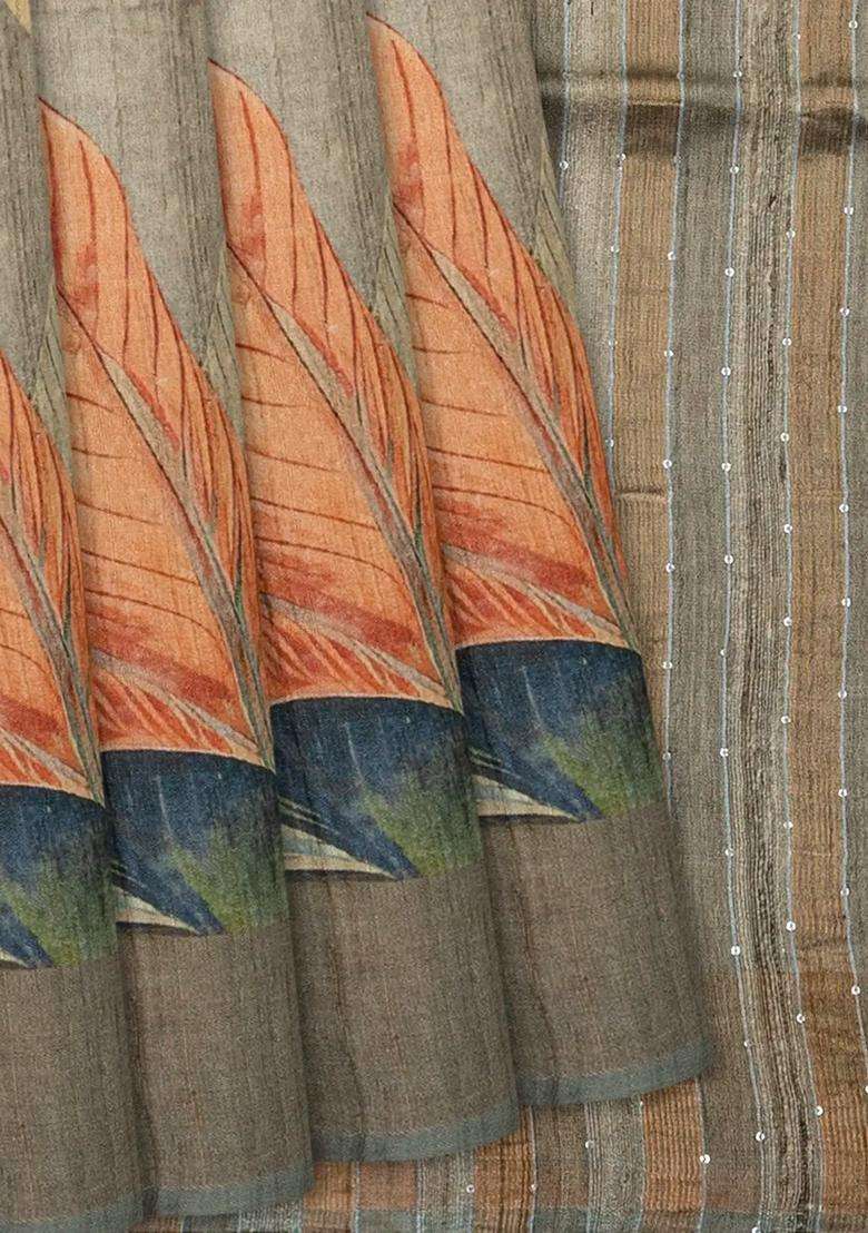 Grey Handloom Tussar Silk Saree With Printed Floral Motifs Grey For Women - Indya