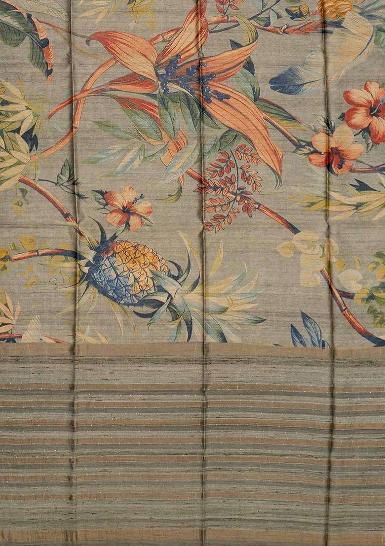 Grey Handloom Tussar Silk Saree With Printed Floral Motifs Grey For Women - Indya