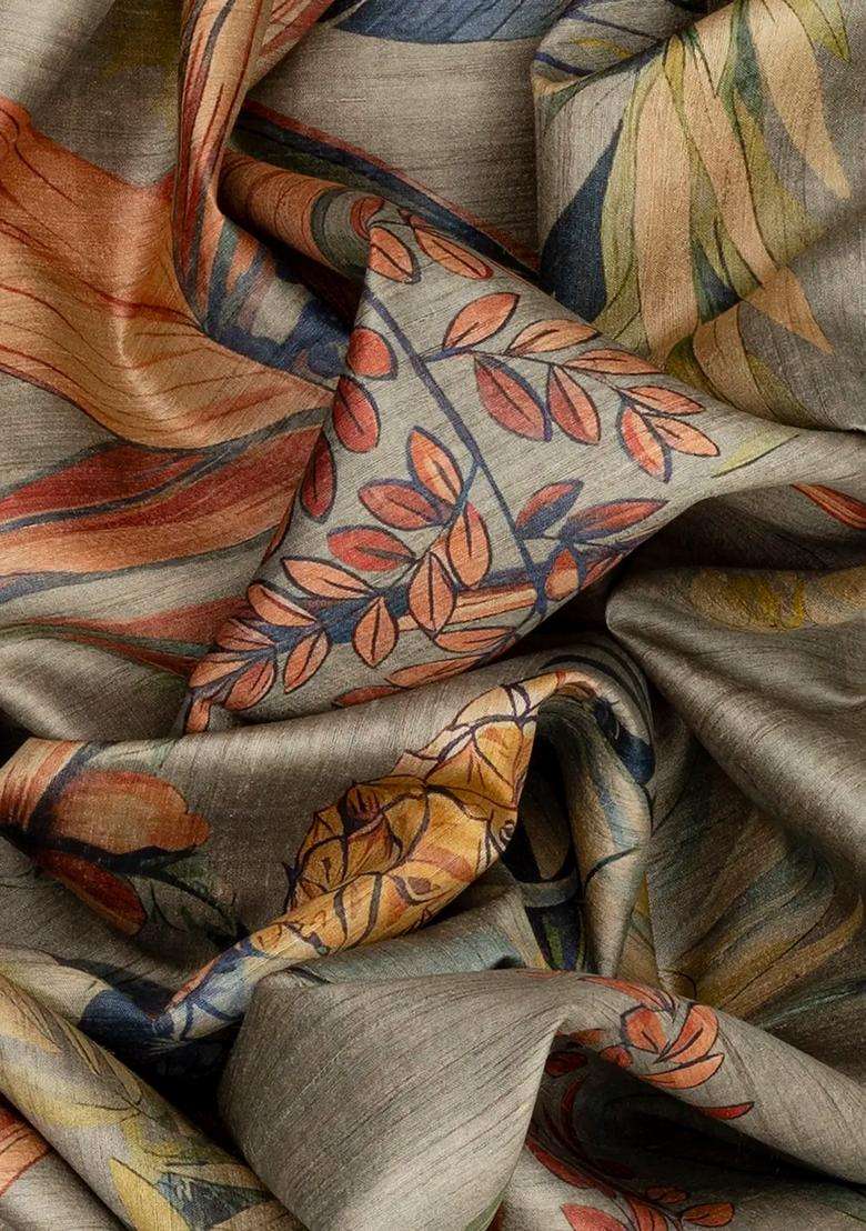 Grey Handloom Tussar Silk Saree With Printed Floral Motifs Grey For Women - Indya