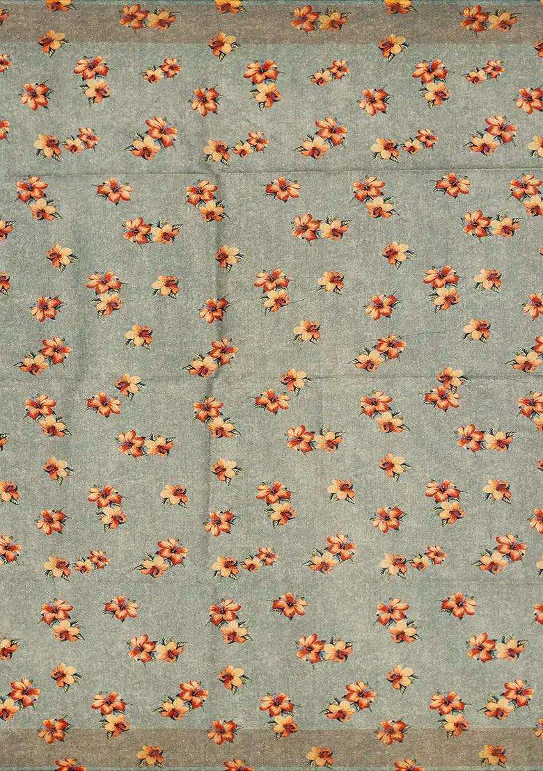 Grey Handloom Tussar Silk Saree With Printed Floral Motifs Grey For Women - Indya
