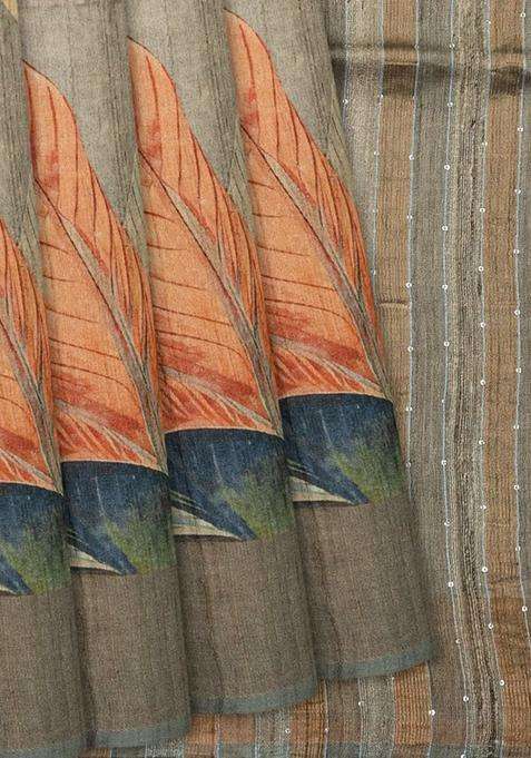 Grey Handloom Tussar Silk Saree With Printed Floral Motifs Grey For Women