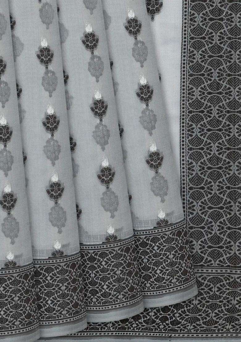 Grey Handwoven Banarasi Organza Silk Saree With Floral Motifs Grey With Buttas And Brocade Design For Women - Indya