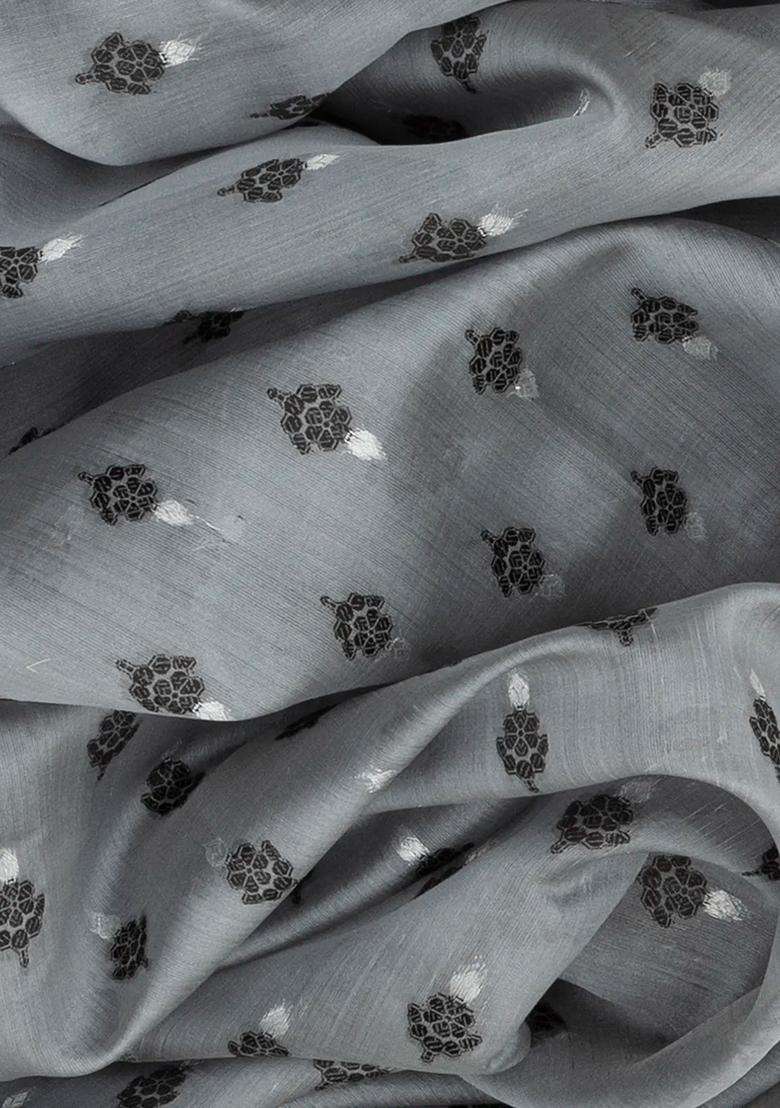 Grey Handwoven Banarasi Organza Silk Saree With Floral Motifs Grey With Buttas And Brocade Design For Women - Indya