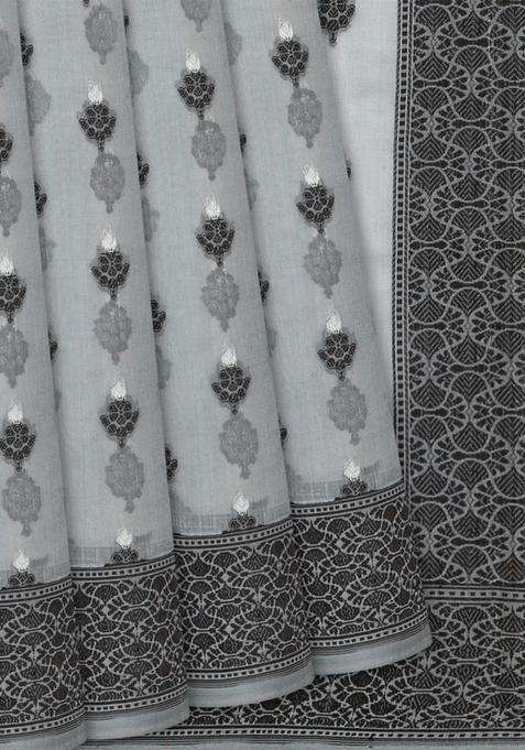 Grey Handwoven Banarasi Organza Silk Saree With Floral Motifs Grey With Buttas And Brocade Design For Women