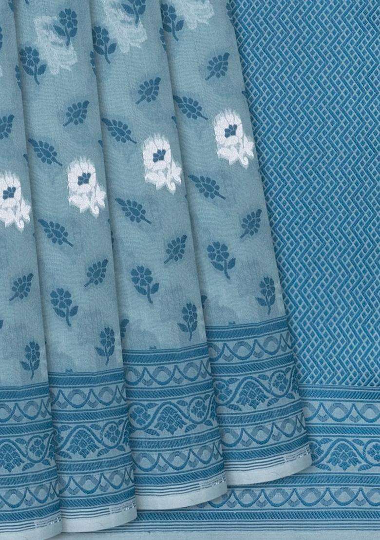 Grey Handwoven Banarasi Organza Silk Saree With Floral Motifs Grey With Buttas And Brocade Design For Women - Indya