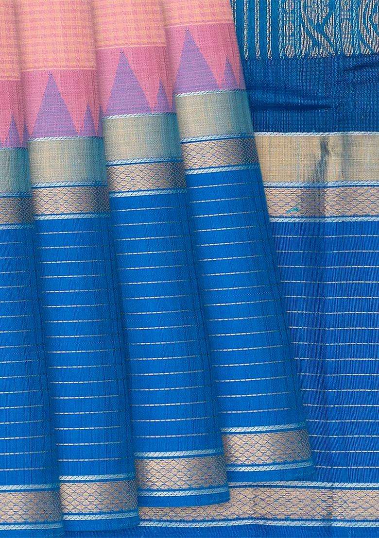 Light Peach Handloom Chirala Silk Cotton Saree With Checks Light Peach With Checks And Stripes Design For Women - Indya