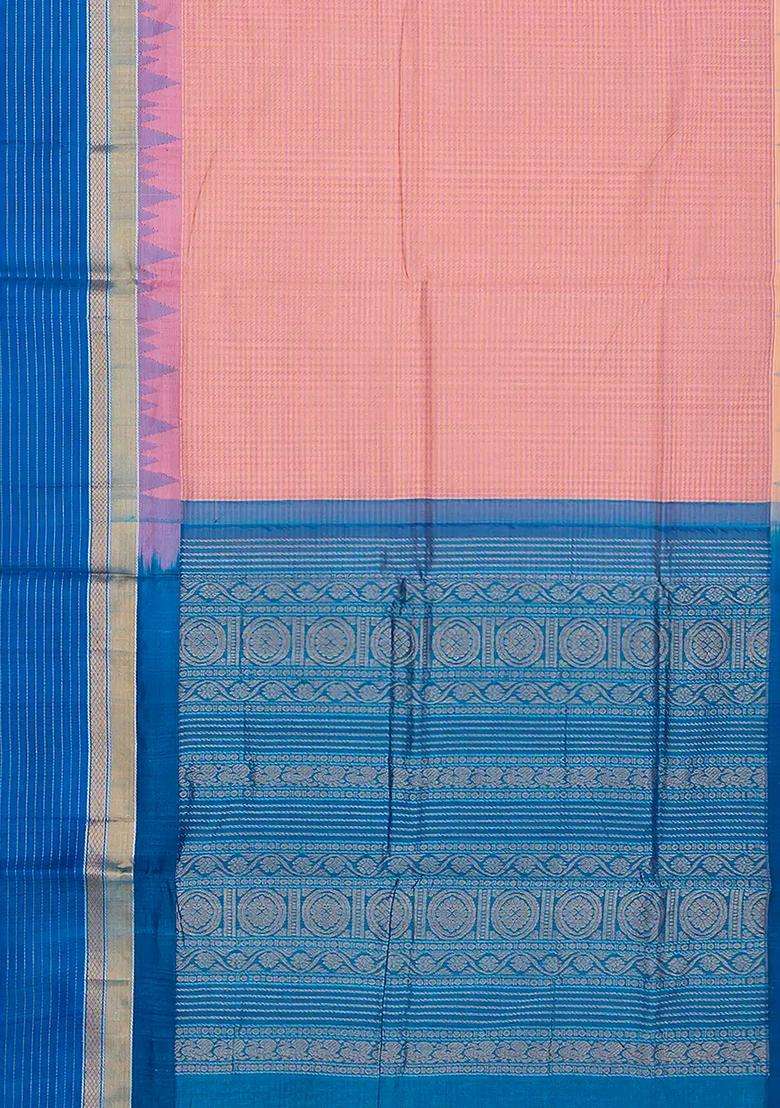Light Peach Handloom Chirala Silk Cotton Saree With Checks Light Peach With Checks And Stripes Design For Women - Indya