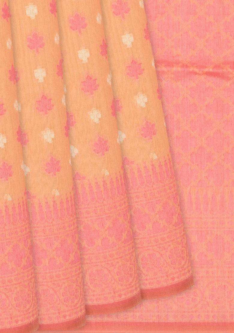 Peach Handloom Banarasi Cotton Saree With Floral Motifs Peach With Buttas And Brocade Design For Women - Indya