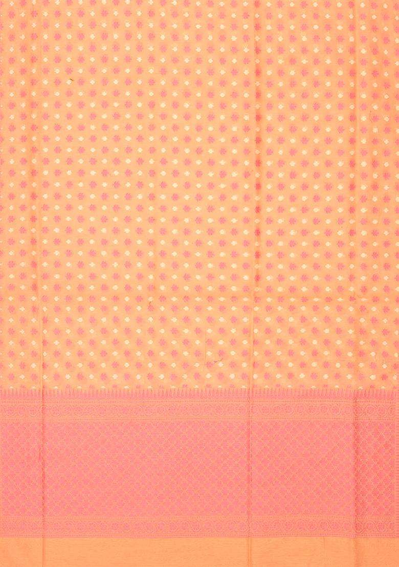 Peach Handloom Banarasi Cotton Saree With Floral Motifs Peach With Buttas And Brocade Design For Women - Indya