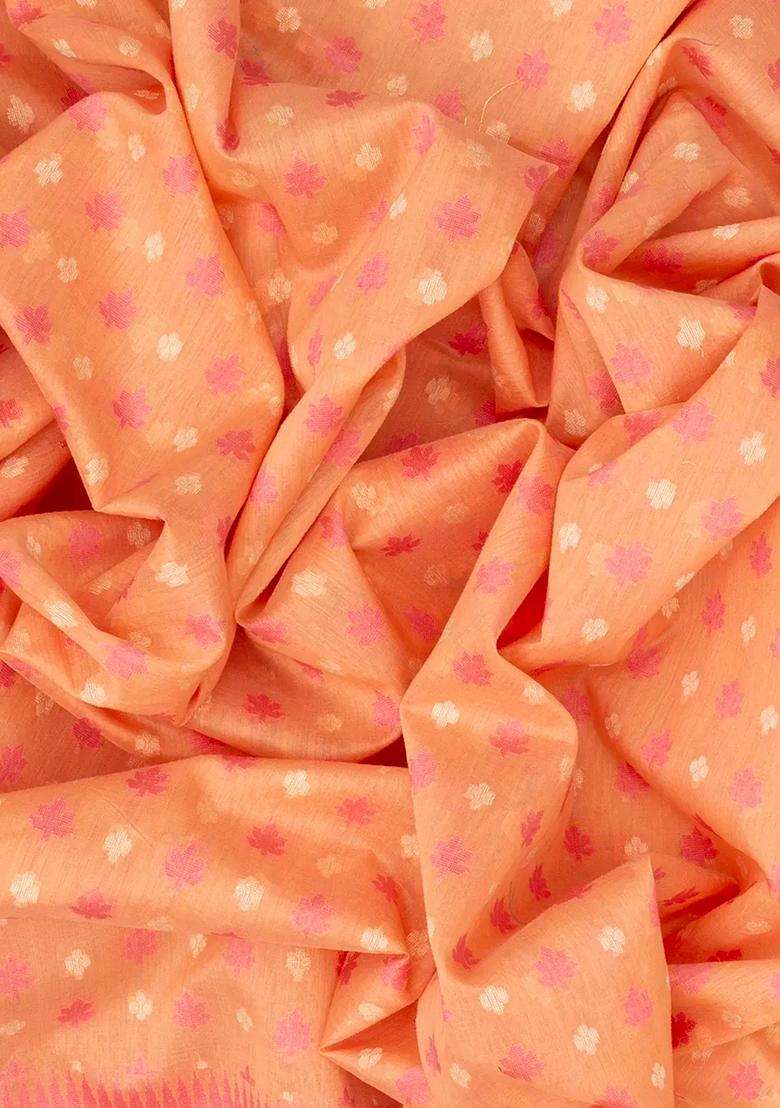 Peach Handloom Banarasi Cotton Saree With Floral Motifs Peach With Buttas And Brocade Design For Women - Indya