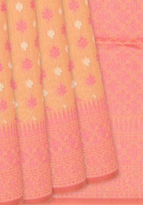 Peach Handloom Banarasi Cotton Saree With Floral Motifs Peach With Buttas And Brocade Design For Women