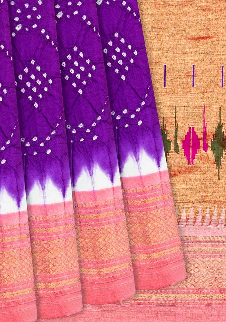 Purple Handwoven Bandhani Silk Saree With Paithani Pallu Purple With Printed Design For Women - Indya