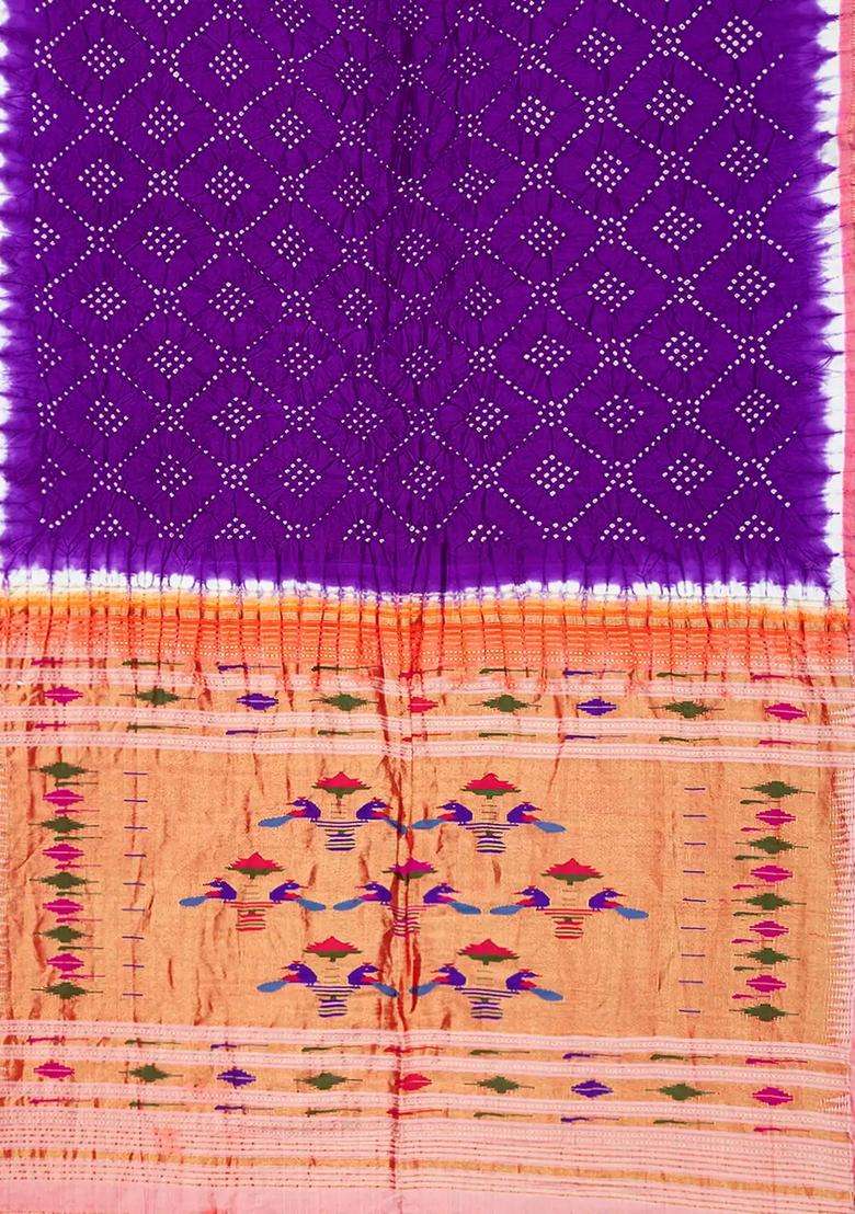 Purple Handwoven Bandhani Silk Saree With Paithani Pallu Purple With Printed Design For Women - Indya