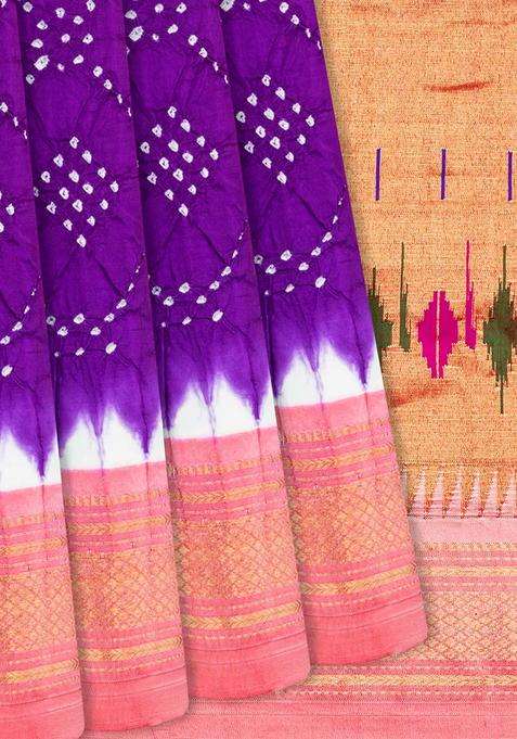 Purple Handwoven Bandhani Silk Saree With Paithani Pallu Purple With Printed Design For Women