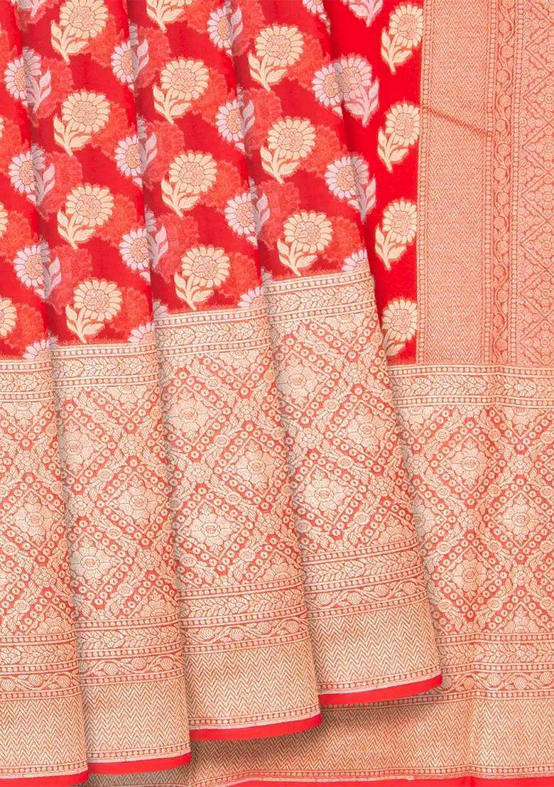 Red Banarasi Khaddi Georgette Saree With Floral Motifs Red With Buttas And Brocade Design For Women - Indya