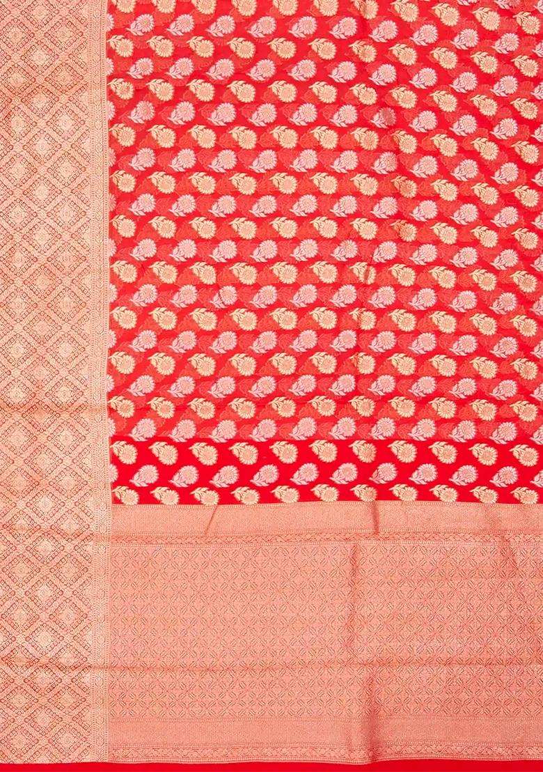 Red Banarasi Khaddi Georgette Saree With Floral Motifs Red With Buttas And Brocade Design For Women - Indya