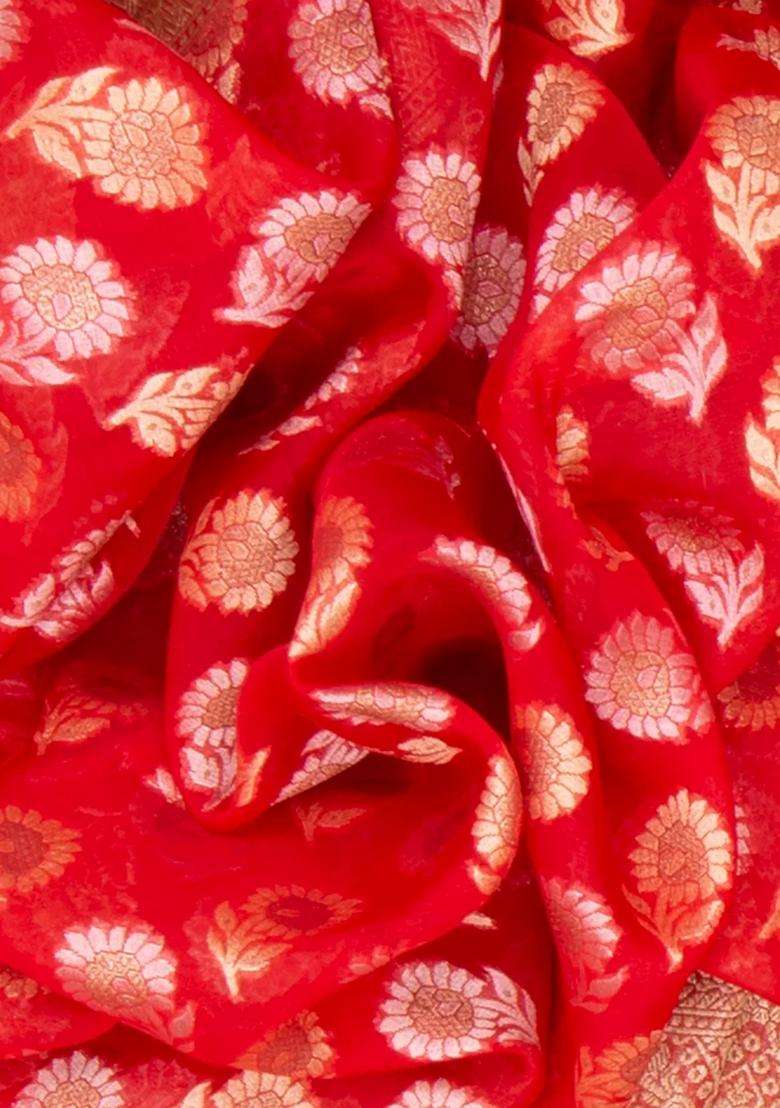 Red Banarasi Khaddi Georgette Saree With Floral Motifs Red With Buttas And Brocade Design For Women - Indya