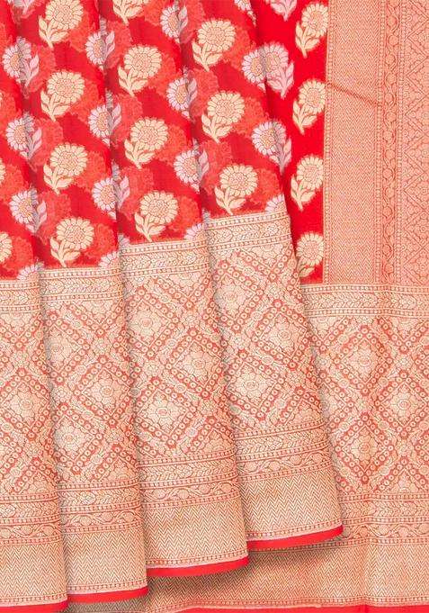 Red Banarasi Khaddi Georgette Saree With Floral Motifs Red With Buttas And Brocade Design For Women