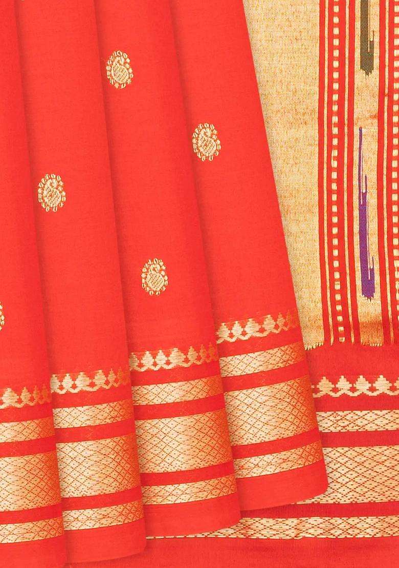 Red Handloom Paithani Cotton Saree With Mango Buttas Red With Buttas And Brocade Design For Women - Indya