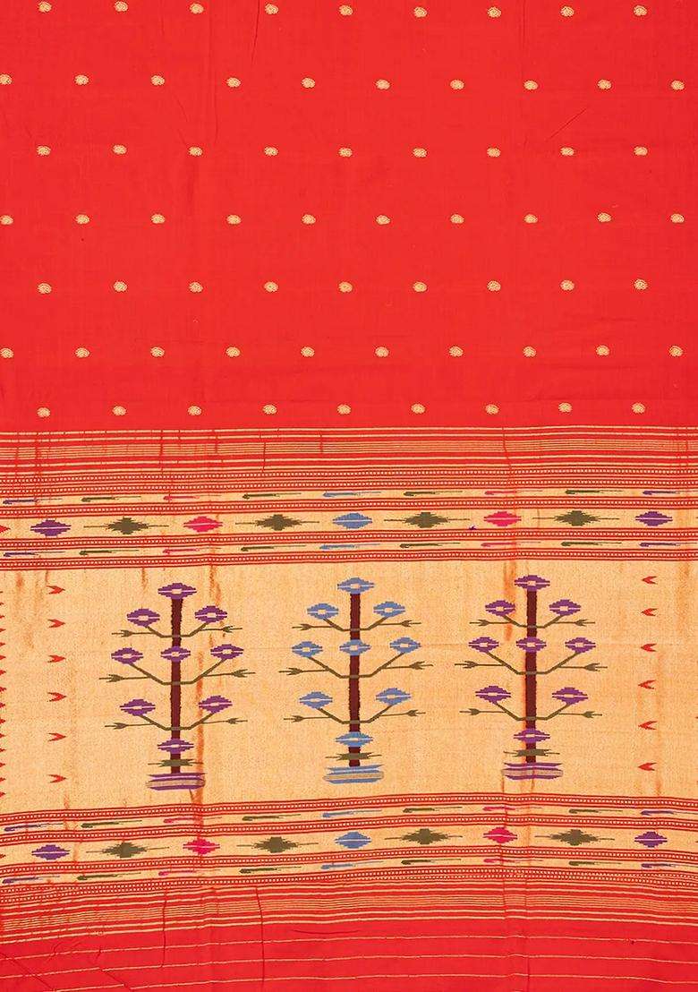 Red Handloom Paithani Cotton Saree With Mango Buttas Red With Buttas And Brocade Design For Women - Indya
