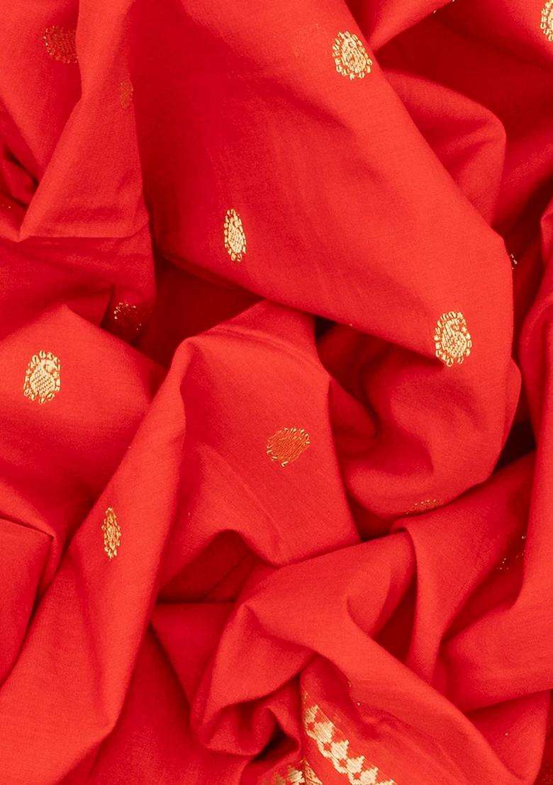Red Handloom Paithani Cotton Saree With Mango Buttas Red With Buttas And Brocade Design For Women - Indya
