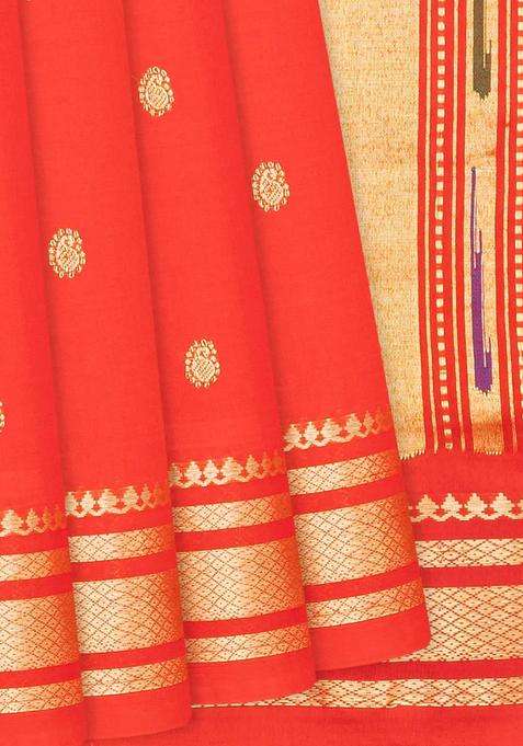 Red Handloom Paithani Cotton Saree With Mango Buttas Red With Buttas And Brocade Design For Women